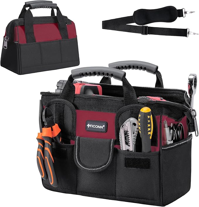 TICONN Heavy Duty Tool Bag with Multi-Pockets, Portable Tool Box Organizer Storage Bag, with Adjustable Shoulder Strap and Ergonomic Handle (Red, 12" Standard Base)