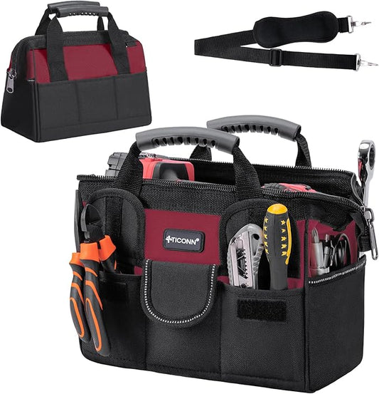 TICONN Heavy Duty Tool Bag with Multi-Pockets, Portable Tool Box Organizer Storage Bag, with Adjustable Shoulder Strap and Ergonomic Handle (Red, 12" Standard Base)