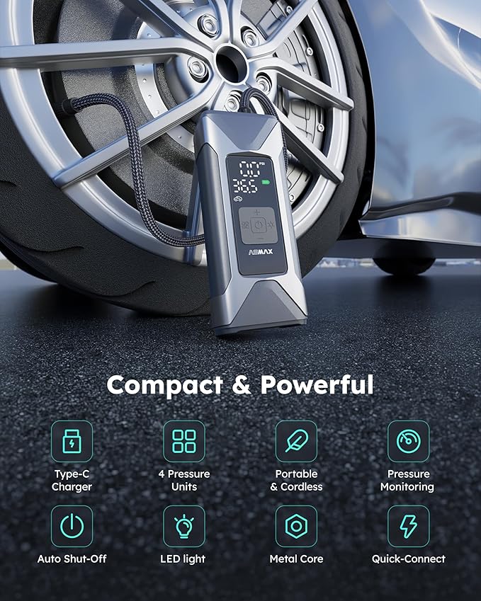 T10 Tire Inflator Portable Air Compressor - 160 PSI Portable Tire Pump with 7500mAh Battery - Cordless Air Pump with Pressure Gauge and Auto Shut-Off Function for Car, Motorcycle, Bike, Ball