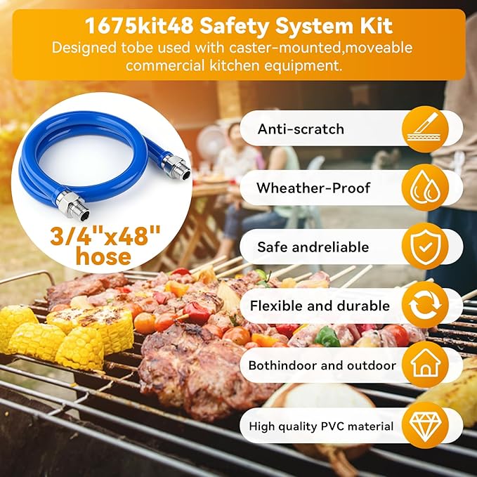 1675kit48 Safety System Kit, Commercial 48" Gas Hose Connector Kit with 3/4" Quick Disconnect and 2 Elbows,Gas Hose for Kitchen Equipment Commercial Standard Gas Connector, Full Port Valve