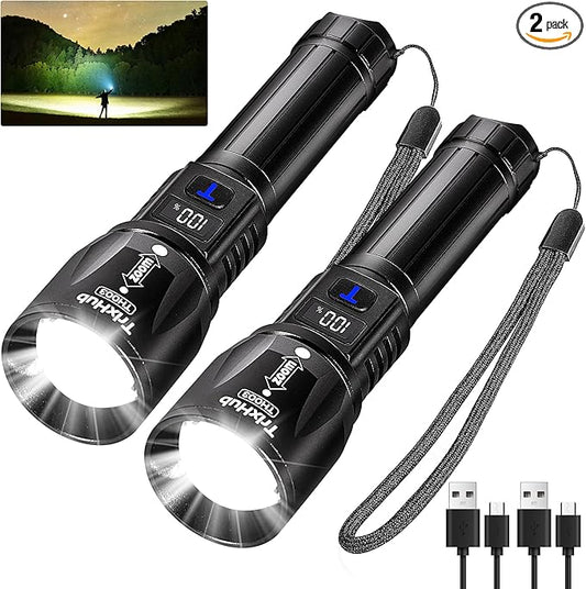 Rechargeable Flashlights 2 Pack, High Lumens Super Bright Flashlight with LCD Digital Display, 5 Adjustable Mode Powerful Tactical Flashlight, Waterproof Flashlights for Camping Hiking