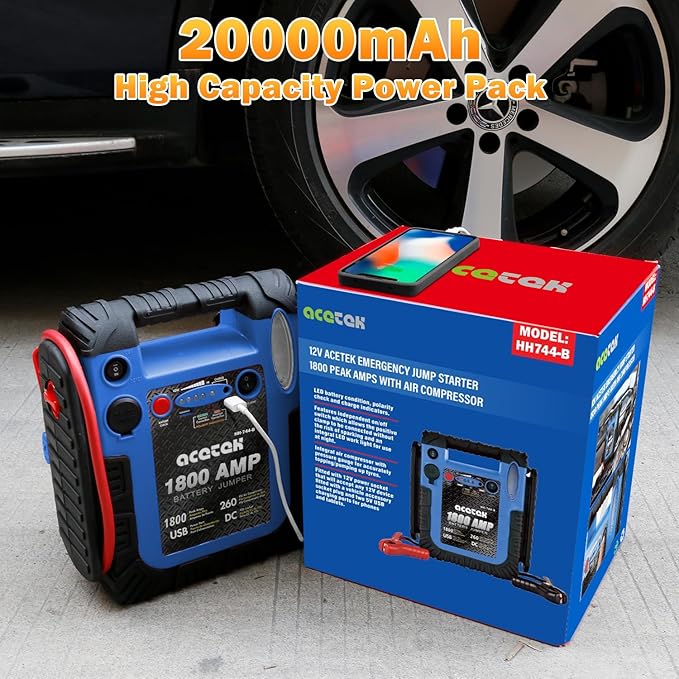 1800 Amp Jump Starter with Air Compressor, acetek Car Battery Jump Starter 260 PSI Tire Inflator, 20000 mAh 12V Auto Lead-Acid Battery Booster (Up to 6L Gas or 6L Diesel Engine) with LED Light & USB