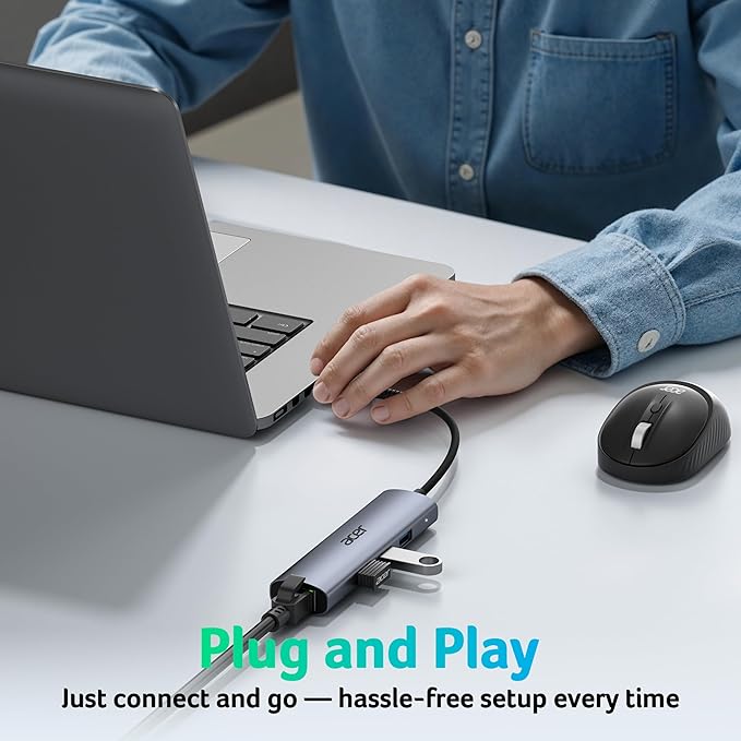 Acer USB C to Ethernet Adapter, USBC Hub Ethernet with 3 USBA 3.0 and RJ45 1Gbps LAN Port, Aluminum Heat Dissipation, USB to Network Adapter for Laptop, MacBook Pro, iPad, XPS and More