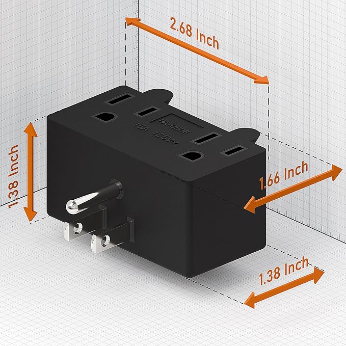 PA-0508 90 Degree Right Angled USA Male-Female Power Adapter, 5-15P to 2 * 5-15R Direction Changer Space Save Adapter Black