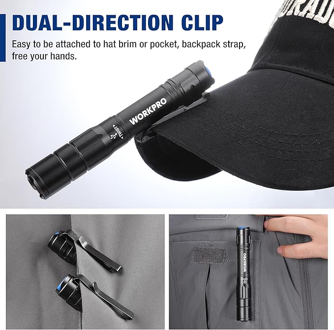 WORKPRO Rechargeable Pen Light, Mini Flashlight, 2 Pack Ultra-Compact EDC Flashlight, Pocket Flashlight with Clip, Memory Function and 2 x USB C Cable Included, Black