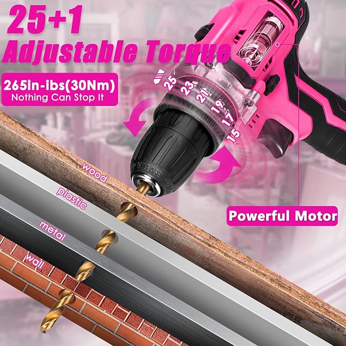 Tool Kit with 20V Cordless Drill(265in-lbs), Pink Drill Set for Women, Lady's Home Tool Kit for DIY, Daily Repair Tool Set as a Creative Gift with a Large-Capacity Tool Storage Bag