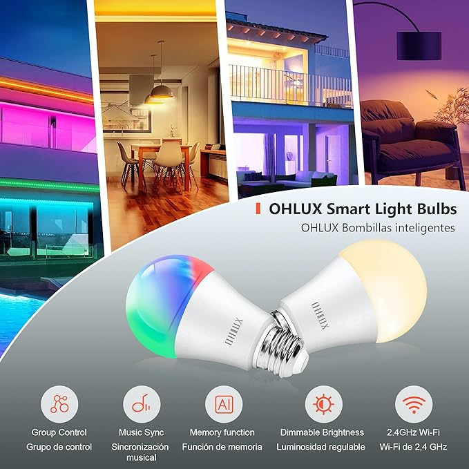 OHLUX Smart WiFi Light Bulbs, 900LM 10W (80W Equivalent) Compatible with Alexa Google Home Siri, WiFi Color Changing LED Light Bulbs, 16 Million DIY RGB, A19 E26 8Pack