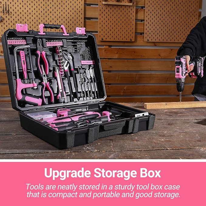 DEKOPRO Pink Drill Tool Kit Set: 20V Cordless Power Drill Tool Box with Battery Electric Drill Driver for Men Home Hand Repair Basic Toolbox Tools Sets Drills Case, DKMT186-GP