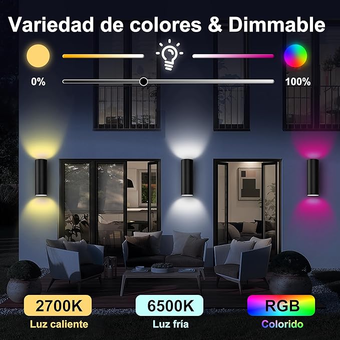 Smart Outdoor Wall Light Sconce, Up and Down 60W RGBCW Color Changing Porch Light, App & Remote Control, Dimmable 2700K-6500K LED, IP65 Waterproof Exterior Wall Mount Light, Works with Alexa