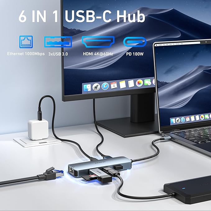 BENFEI USB C HUB 6-in-1 with HDMI(4K@60Hz), Gigabit Ethernet, 100W Power Delivery, 3*USB 3.0, Silicone Cable, Aluminum Case Compatible with iPhone 15 Pro/Max, MacBook, iPad Pro, iMac, S23, XPS17