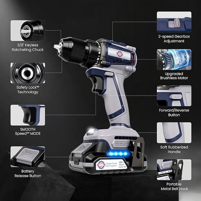 20V Cordless Drill, 620 in-lbs Torque, 3/8" Metal Keyless Chuck with Safety Lock, Brushless Power Drill with 2.0Ah Battery and Charger, 2+1 Variable Speed, 20+1 Position Electric Drill Driver with LED