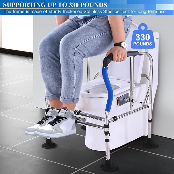 Toilet Safety Rails Frame，Upgrade Heavy Duty Double Crossbar and Suction Cups, Free Standing with Handles for Elderly（330lbs）Handicap & Disabled, Height Width Adjustable, Fit Any Toilet