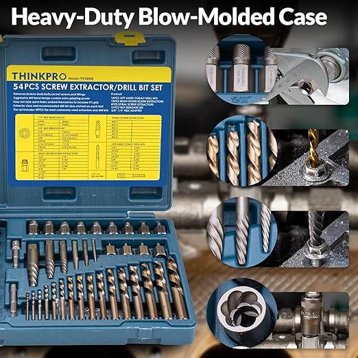 Screw & Bolt Extractor Set and Left Hand Drill Bit Kit,54 PCS Easy Out Stripped Screw Remover with Hex Adapter,Lug Nut Remover for Broken,Damaged,Rusted,Rounded-Off Studs.