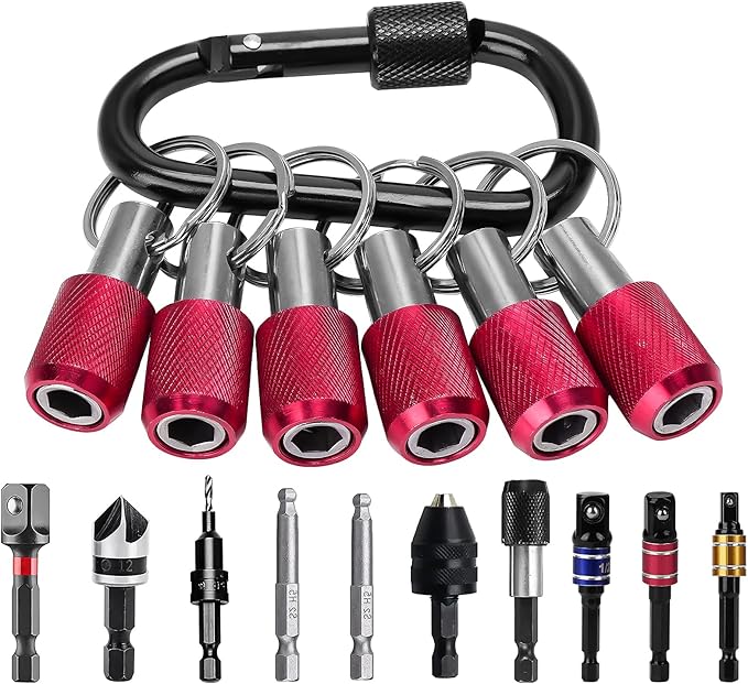 LUEXBOX 1/4 Inch Bit Holder Keychain, Hex Screwdriver Bits Holder Extension Bar, Quick Change Screw Bit Holder for Most Electric, Hand-held Screwdrivers and Drill Bits (B: Red 6pack)