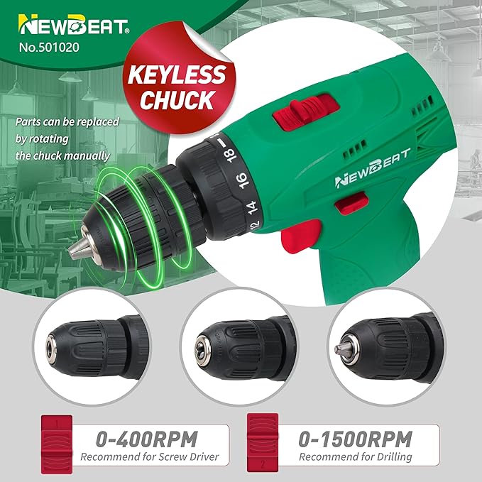 NEWBEAT Cordless Drill Set, 12V Power Drill Driver with Battery and Charger, 3/8" Keyless Chuck, 2 Variable Speed, 18+1 Torque Setting, Cordless Drill Driver Kit for Home and DIY Project