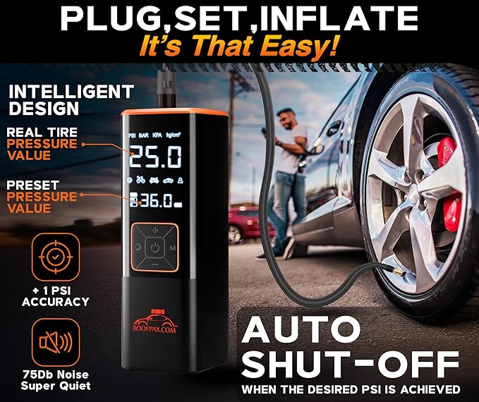 RoofPax Car Tire Inflator Portable Air Compressor 150 PSI Battery Powered 3x Faster Portable Tire Inflator for Car with Digital Pressure Gauge Auto Air Pump