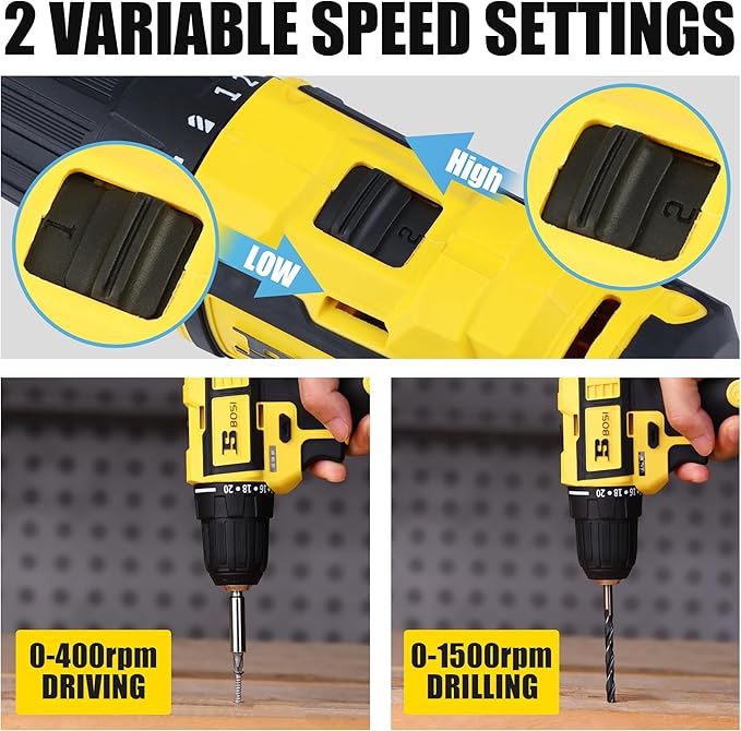 BOSI TOOLS Brushless Cordless Drill Set 16.8V Power Drill Driver Kit with 2 2000mAh Batteries and Charger 3/8-Inch Keyless Chuck 2 Speed 20+1 Position Torque Setting 27pcs Drill Screwdriver Bits