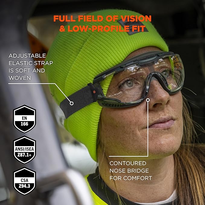 Ergodyne Skullerz Arkyn Protective Dust Safety Goggle, Non-Vented, Anti Fog, Scratch Resistant, Adjustable Elastic Strap