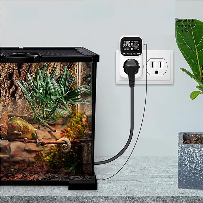 KABASI Digital Temperature Controller, Only Fahrenheit Dispaly Heavy Duty 15A Thermostat Outlet with Sensor, Heating Cooling Control Timer Plug Socket for Greenhouse Refrigerator Terrarium Aquarium