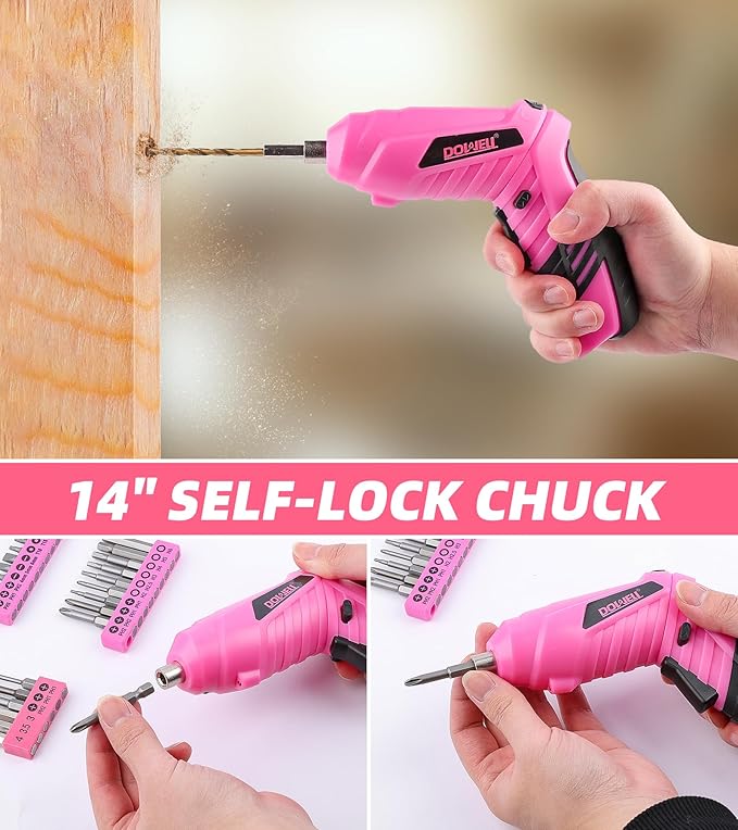 DOWELL Power Electric Cordless Screwdriver Set Rechargeable 3.6V Power Screwdriver Kit Tools for Women with 27pcs Accessories Pink