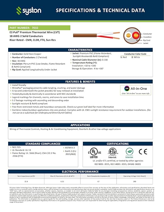 Syston 18/2 Thermostat Doorbell HVAC Heating Control Cable Wire, 100% Solid Copper Conductors CL3R/FT4/CMR Riser-Rated UL/ETL Listed, UV Resistant RoHS for Indoor/Outdoor Low Voltage Applications Use