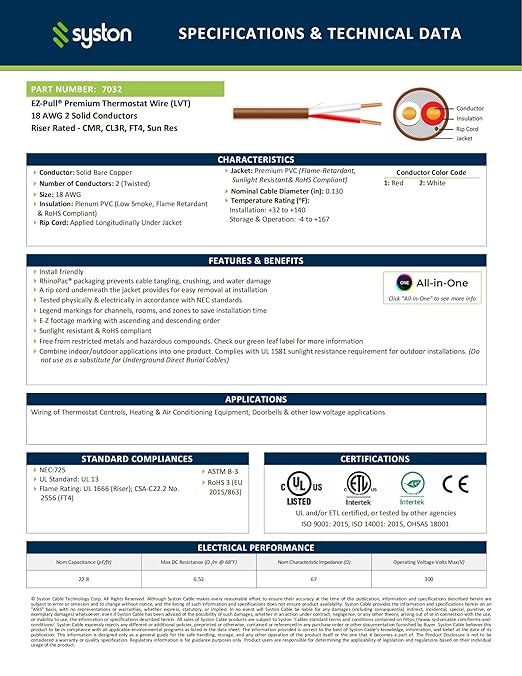 Syston 18/2 Thermostat Doorbell HVAC Heating Control Cable Wire, 100% Solid Copper Conductors CL3R/FT4/CMR Riser-Rated UL/ETL Listed, UV Resistant RoHS for Indoor/Outdoor Low Voltage Applications Use