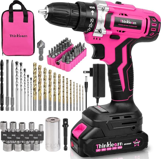 Pink Cordless Drill Set, 20V Lithium-ion Power Drill Set for Women with 67Pcs Driver Bits, 3/8"Keyless Chuck, 25+1 Position, 2.0Ah Battery, Charger and Storage Bag Included