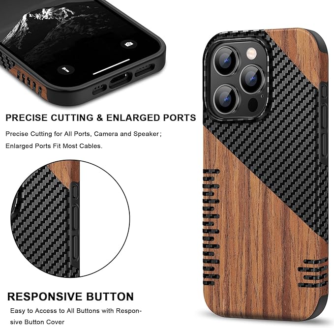 TENDLIN Compatible with iPhone 15 Pro Case Wood Grain with Carbon Fiber Texture Design Leather Hybrid Slim Case (Twill)