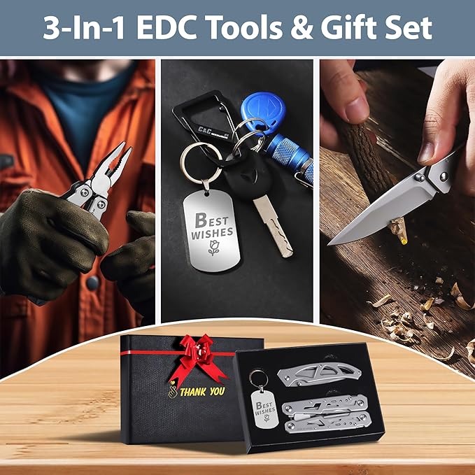 Multitools Gift Set “THANK YOU”, 14-in-1 Multi-tool Pliers & Pocket Knife Set with Keychain Tag, 3-Piece EDC Kit for Camping, Hiking - Premium Gift Box for Birthday, Christmas, Thanksgiving Day