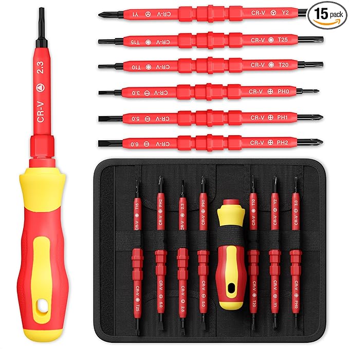14 Tips Multi Bit Screw Driver Kit - Screwdriver Set for Various Uses, Versatile Head Types (Crosshead, Slotted, 6-Point, Square, Hexagonal), Strong Magnetic Tips and Insulated Cover, Convenient Case