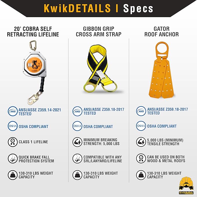 KwikSafety - Charlotte, NC - Cobra 20' KIT [Cable Self Retracting Lifeline + 3FT Cross Arm Strap + Roof Anchor] Class 1 SRL ANSI OSHA Retractable Fall Arrest Construction Roofing PPE Gear