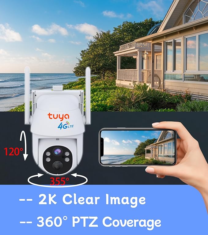 4G LTE Cellular Solar Powered 2K Security Camera Outdoor, 720 day Unlimited Data, No WiFi Battery Cam, Built in SIM Card, PIR Motion Sensor, 360° Live Surveillance, 2-Way Talk, Color Night Vision IP65