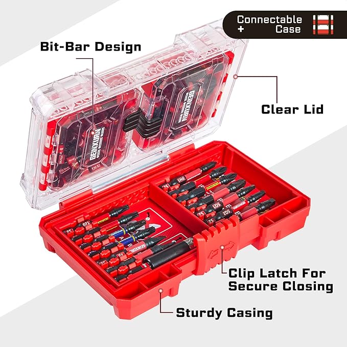 74Pieces Impact Screwdriver Bits Set, Magnetic S2 Steel Phillips/Slotted/Square/Torx Insert Power Bits Tips, Impact Bit Holder with Red Storage Box Case