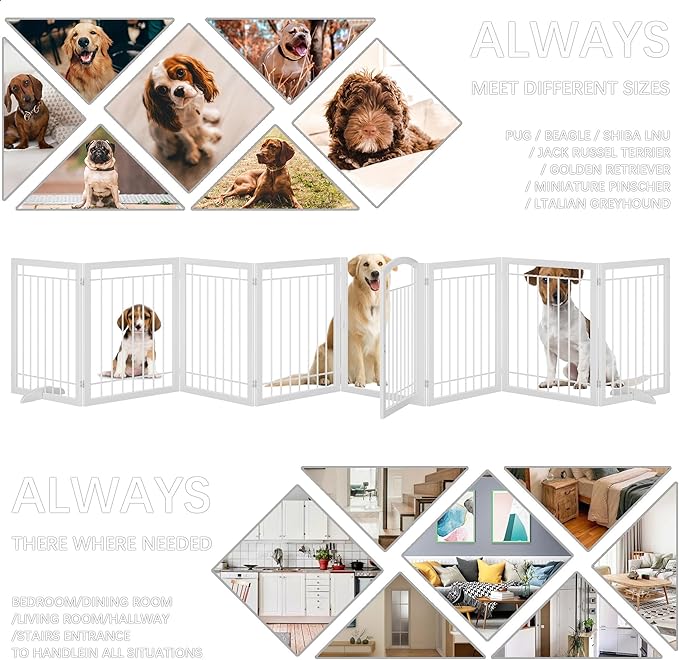 JSB 192-inch Extra Wide 30-inch Tall Dog gate with Door Walk Through,Full Matel Freestanding Pet Gate for Halls, Stairs & Home, Pet Puppy Safety Dog Fence with 4PCS Support Feet (White)