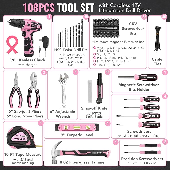 WORKPRO Pink Tool Set with Power Drill, 108PCS Portable Ladies Pink Drill Kit for Home with Toolbox and Pink Hammer, 1.5 Ah Cordless Drills with Keyless Chuck and Variable Speed Trigger - Pink Ribbon