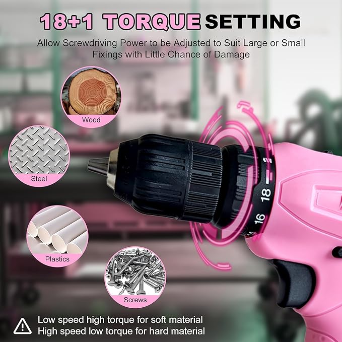 NEWBEAT Pink Cordless Drill Set - 12V Power Drill Cordless with Battery and Charger for Home Improvement, 3/8" Keyless Chuck, 2 Variable Speed, Electric Power Tools for Women DIY