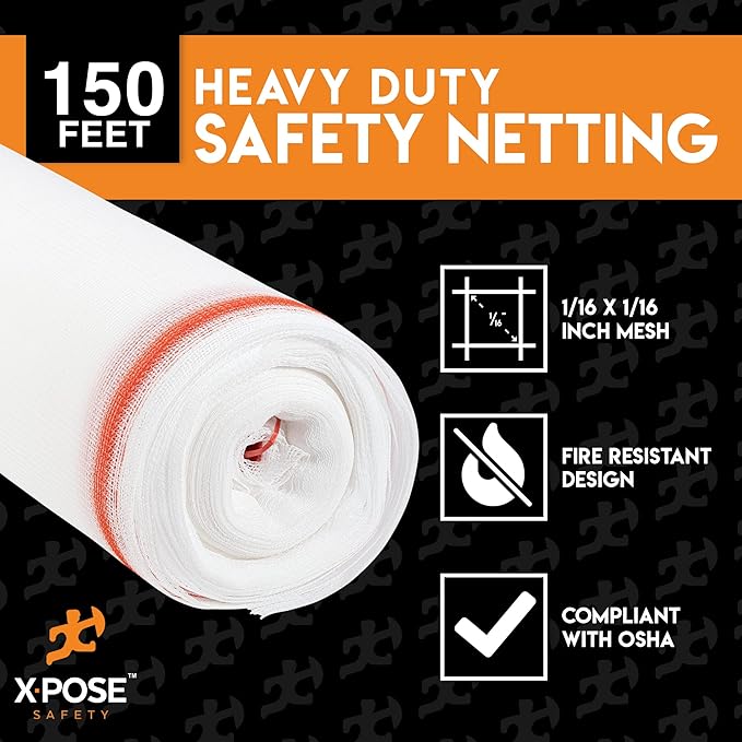 Construction Safety Debris Netting - 150 Ft Temporary Material Roll, 1/16" Mesh Scaffold Net Enclosure, Barricade, Visibility Barrier, Fencing Roll, Heavy Duty Fire Retardant 8.5 ft x 150 ft, White