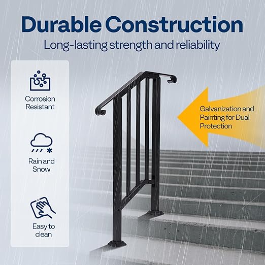 VIVOHOME 2-Pack 2 Step Galvanized Steel Hand Rails for Outdoor Steps – Curved Ends and Safety Balusters Exterior Railing for Porch, Deck, or Indoor Stairs, Complete Installation Kit