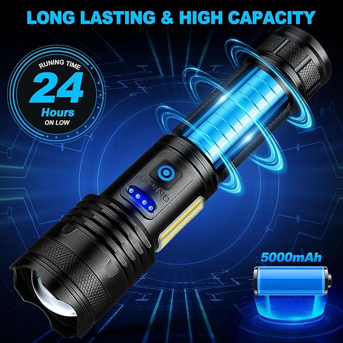Alicegirl Rechargeable Flashlights High Lumens, 99000LM Super Bright Flashlight, Adjustable Powerful Flash Light with 8 Modes & COB Light, Waterproof Handheld Flashlight for Home Camping
