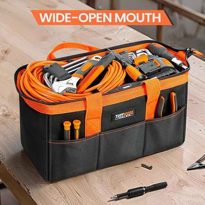 Tool Bag, 14 inch Heavy Duty Storage Bag with Handles, Double Layer 600D Polyester Fabric, Black and Orange, Tool Organizer for Mechanics, Electricians, and DIY Enthusiasts