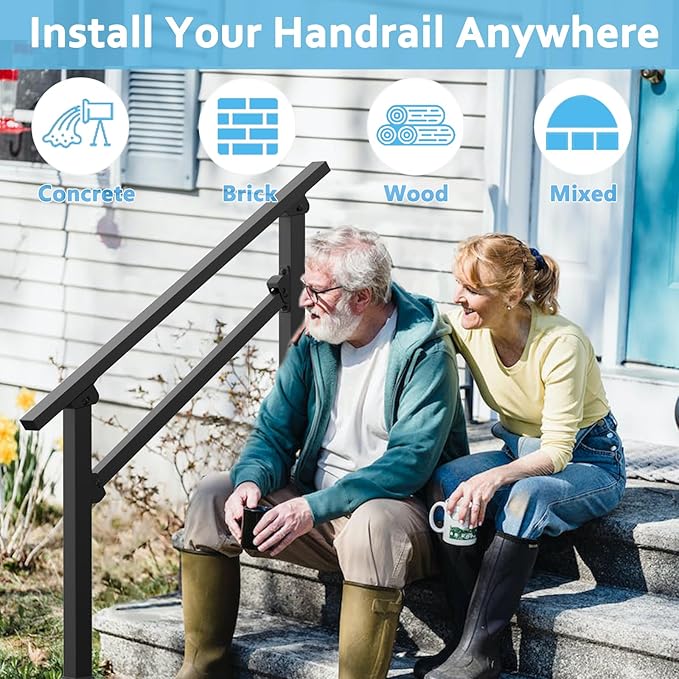 Wrought Iron Handrails for Outdoor Steps - Exterior Hand Rails for Concrete Steps Outside Metal Stair Railing Porch 3 Step