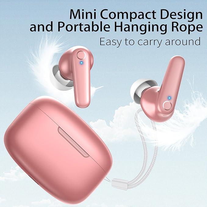 Wireless Ear Buds Bluetooth 5.3 60H Using Time Headphones Deep Bass Clear Call Earbuds with Built-in Mic Touch Control Lightweight Headsets for Studying Working Gaming Pink