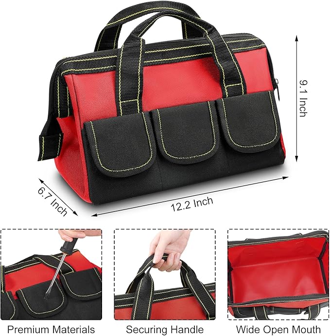 Sanwuta 3 Pack Tool Bag for Men with Waterproof Hard Bottom, Heavy Duty Tool Bag Wide Mouth Tote for Various Instrument, Electrician Carpenter Mechanic(13 Inch,Red, Army Green, Yellow)