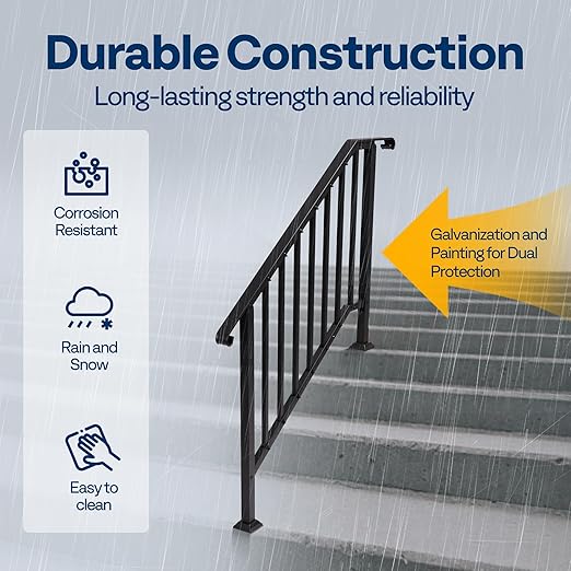 VIVOHOME 2-Pack 4 Step Galvanized Steel Hand Rails for Outdoor Steps – Curved Ends and Safety Balusters Exterior Railing for Porch, Deck, or Indoor Stairs, Complete Installation Kit
