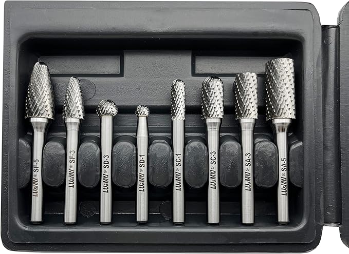 Carbide Burrs Set 8pcs with 1/4" Shank Double Cut Solid Carbide Rotary Burr Set for Die Grinder Drill,Metal Carving, Polishing,Engraving,Drilling