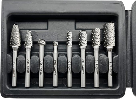 Carbide Burrs Set 8pcs with 1/4" Shank Double Cut Solid Carbide Rotary Burr Set for Die Grinder Drill,Metal Carving, Polishing,Engraving,Drilling