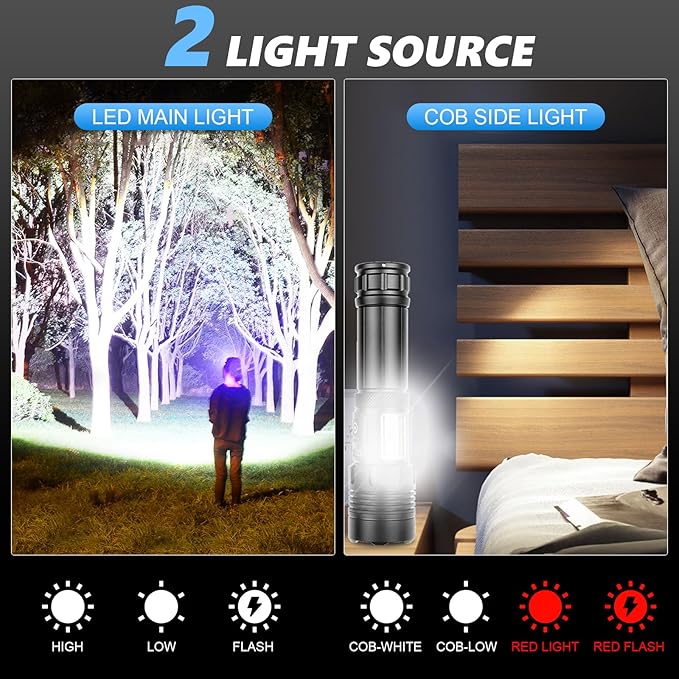 Rechargeable Flashlights High Lumens, 7 Mode Red Flashlight Rechargeable with Side Work Light, Super Bright Tactical Flashlight, High Powered Linternas LED Flashlight for Home Camping 2Pack