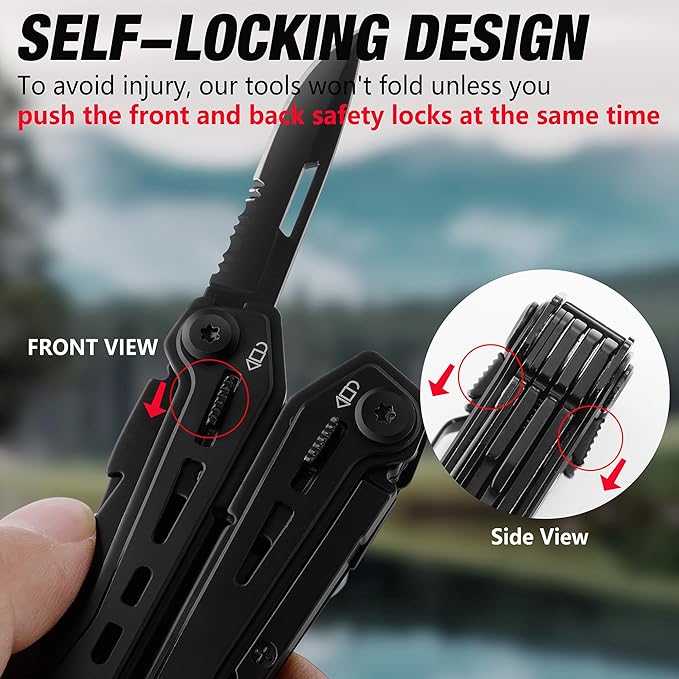 FLISSA 16-in-1 Stainless Steel Multi Tool, Gift for Dad, EDC Multitool with Pocket Knife, Pliers, Belt Clip and Oxford Sheath, Self-locking Utility Multi-Tool for Camping Survival Outdoor