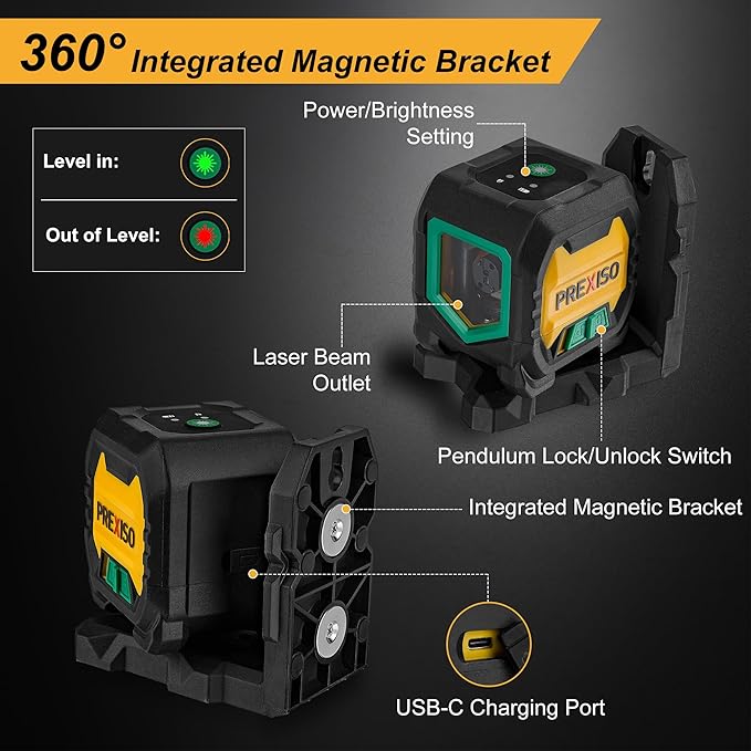 PREXISO Laser Level with 47 Inch Tripod, IP54 Rechargeable 65Ft Green Cross Line Laser Self Leveling, Light Indicator, 3 Brightness Mode, Lazer Leveler Tool for Picture Hanging, Tile, Home Renovation