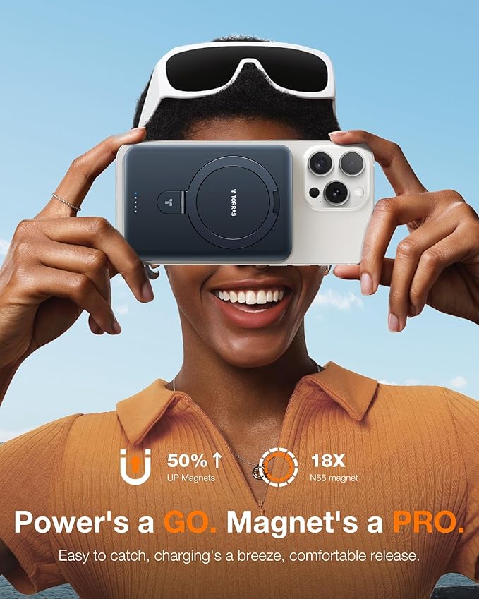 TORRAS 0.45" Slim Magnetic Portable Charger Power Bank for iPhone 5000 mAh 22.5W PD Fast Charging Wireless Battery Pack O Stand Compatible with Magsafe, i Phone 16 Pro Max, Pro,15,14,13,12, Black